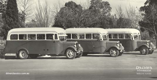 Driver Brothers #2, #3 and #1 Federals with Grummet bodies, Camberwell VIC, circa 1937. Federal #2 on the left is our preserved Federal in the Driver Classics fleet Federal Buses, 3x, each with Grummet 12 passenger body.