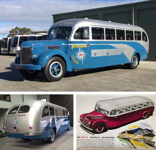 Top & Left: Restored 1946 Ansair Roadcruiser / International KB6 owned by Moonee Valley Bus Lines, Melbourne VIC, June 2016
Right: Ansair Roadcruiser / Ford advertisement, circa late 1940s Ansair Roadcruiser / International KB6 Bus, 1946 version, and advertisment