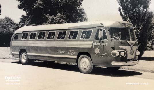 Pioneer Tours promotional photo, circa 1951 of Ansair Flxible Clipper, TJ-207, Melbourne VIC Pioneer Tours promotional photo, of Ansair Flxible Clipper Bus, circa 1951.