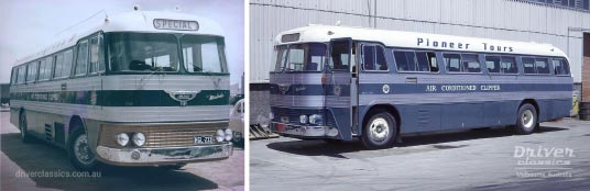 Left: 1957 Ansair Jupiter in its original Pioneer Express colours with a gold grille.Right: 1957 Ansair Jupiter in its later Pioneer Tours colours with blue grille. Ansair Jupiter bus, 1957 version, Pioneer Express colours with gold grille and Pioneer Tours colours with blue grille.
