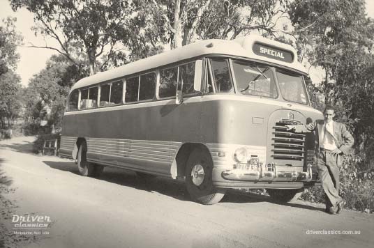 Driver Brothers #2 1952 Bedford SB3 ‘flat screen’ with driver Peter Davy Bedford SB3 bus, flat screen version, with driver Peter Davy