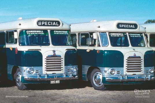 Driver Brothers #5 1961 Bedford SB3 ‘wrap around’ and #1 1957 Bedford SB3 ‘flat screen’, Ferndale Park, Glen Iris VIC, 1962 1961 Bedford SB3 wrap around version and 1957 Bedford SB3 flat screen version, photo taken 1962.