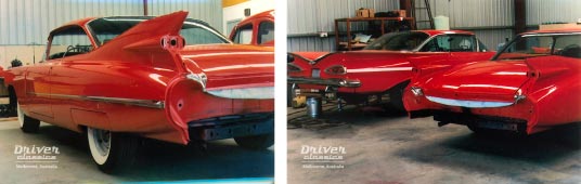 During restoration in Adelaide, SA early 90's. In the picture on the right, a 1959 Cheverolet Impala sits left of our '59 Cadillac. 1959 Cadillac Coupe de Ville under restoration. 1959 Cheverolet Impala under resotration.