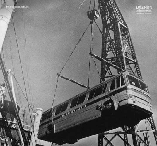 Early 1960s GM PD 4106 being unloaded at Melbourne Docks GM PD 4106 bus, early 1960s version, being unloaded at Melbourne Docks