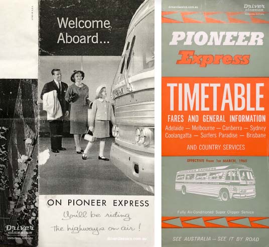 Left: Pioneer advertising, circa early 1960s. Right: Pioneer Express timetable from 1965 Pioneer advertising, circa early 1960s and Pioneer Express timetable from 1965. Both featuring GM PD 4106 bus.