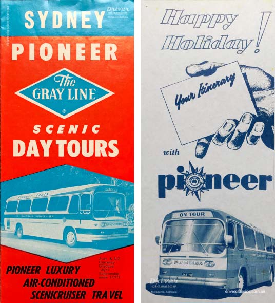 Left: Pioneer Sydney Day Tour brochure 1971. Right: Pioneer advertising, circa late 1960s Pioneer Sydney Day Tour brochure 1971, Pioneer advertising, circa late 1960s, both featuring Ansair Scenicruiser bus.
