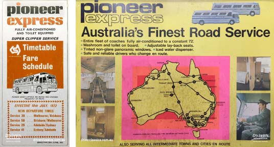 Left: Pioneer Express timetable from 1972. Right: Pioneer Express promotional material, circa late 1960s. Pioneer Express timetable from 1972 featuring GM PD 4107 bus. Pioneer Express promotional material, circa late 1960s featuring GM PD 4106 and GM PD 4107 buses.
