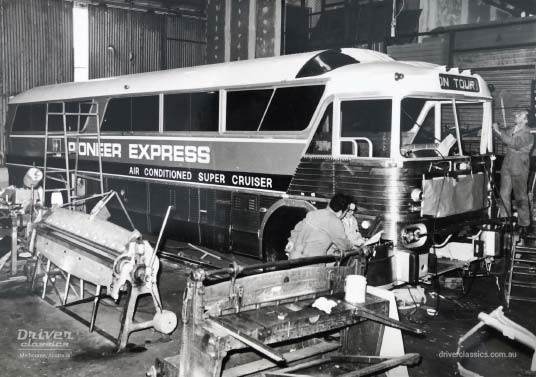 1972 MCI MC7 during LHD to RHD conversion by Ansair, Melbourne VIC Australia MCI MC7 bus, 1972 version, during LHD to RHD conversion by Ansair, Melbourne, Australia