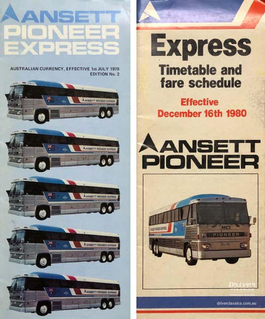 Ansett Pioneer Express timetables from 1978 and 1980 Ansett Pioneer Express timetables from 1978 and 1980 featuring MCI MC8 bus.