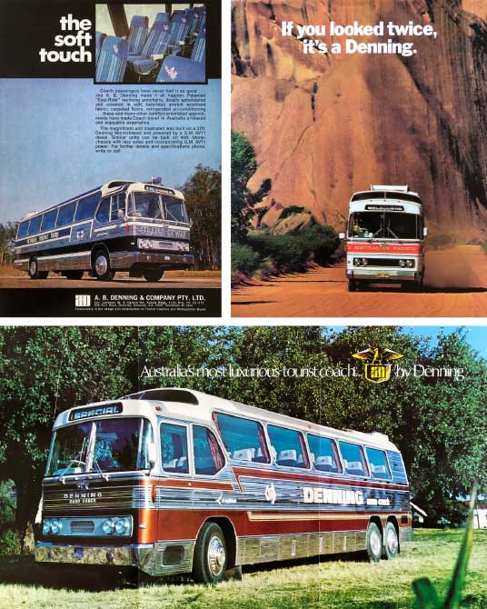 Top-left: Early 1970s brochure picture of a 37 foot Trans Otway GM Denning, Top-right: Mid 1970s brochure picture of a 40 foot APT GM Denning, Bottom: Early 1970s brochure picture of the 40 foot GM Denning Mono Denning bus brochure and ads from the 1970s