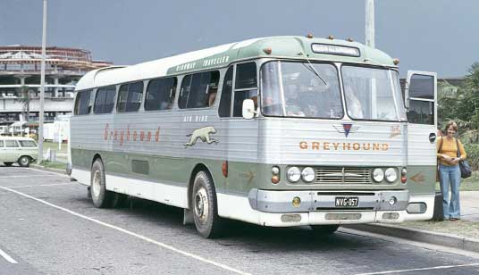 1962 Denning Highway Traveller in Greyhound colours. Picture courtesy of BCSV Denning Highway Traveller bus, 1962 version, in Greyhound colours.