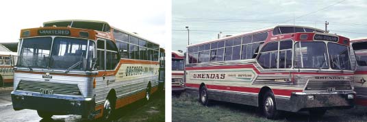 Left: 1966 Denning Square Line in original Grenda colours. Picture courtesy of BCSV, Right: 1966 Denning Square Line in updated Grenda colours with stainless steel bright trim added. Picture courtesy of BCSV Denning Square Line Buses, 1966 version, Grenda colours.