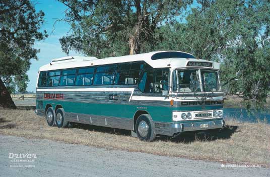1980 GM Denning Denair, the first 40 foot coach in the Driver fleet, Katamatite, VIC January 1981 GM Denning Denair bus (1980 version), Katamatite, Victoria, 1981