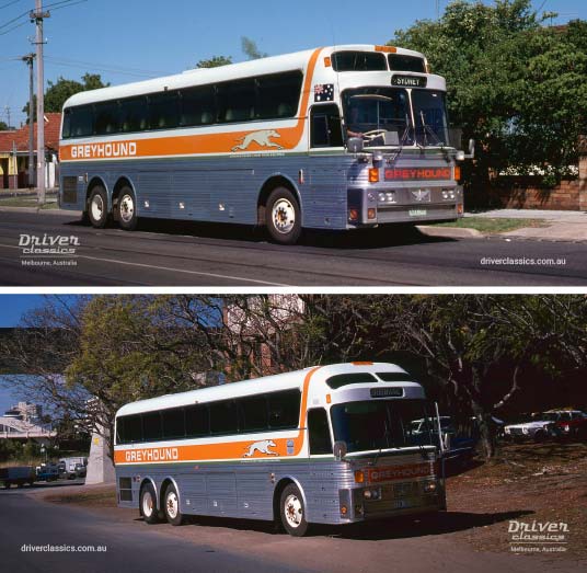 Top: Greyhound 1975 Eagle Model 05 #518, Caulfield South VIC, April 1987<br />Bottom: Greyhound 1983 Eagle Model 10 #1002, Brisbane QLD, September 1984 Top: Greyhound 1975 Eagle Model 05 bus, Caulfield South VIC, Photo taken April 1987. Bottom: Greyhound 1983 Eagle Model 10 bu, Brisbane QLD, Photo taken September 1984