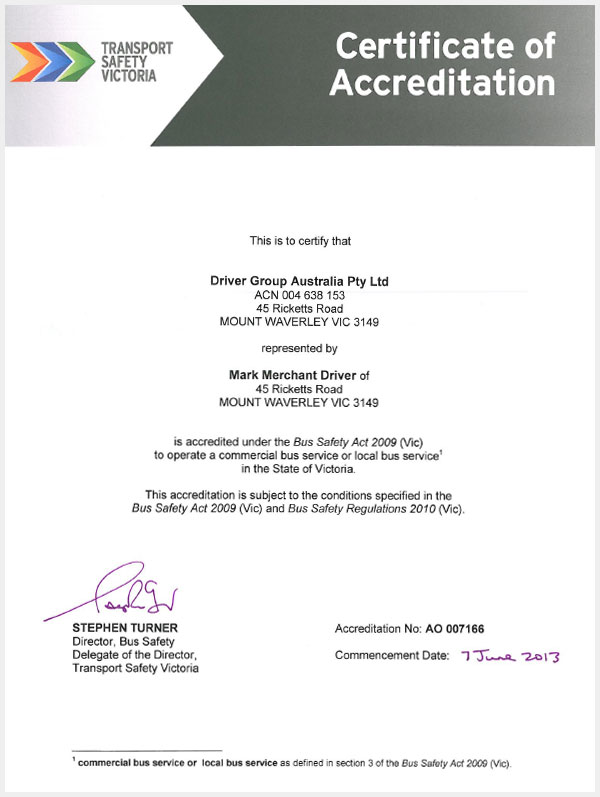 Transport Safety Victoria Certificate of Accreditaton - Driver Bus Lines