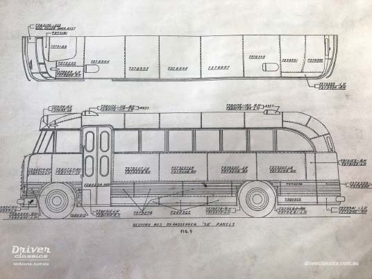 Line drawing of the first 1952 Bedford SB ‘flat screen’ with the small carryover OB window style 1952 Bedford SB Bus Line Drawing, flat screen