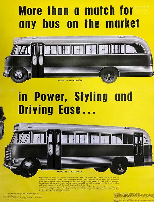 1952 Brochure for GM-H’s Bedford SB ‘flat screen’ with the carry over OB small side windows 1952 Brochure for GM-H's Bedford SB 'flat screen' bus.
