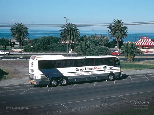 1988 Denning Landseer, Melbourne VIC 1993 Denning Landseer bus, 1988 version, side and back, StKilda VIC, Photo taken 1993