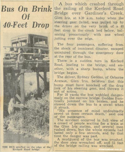 Newspaper story from 1935 showing photo of Driver Brothers 1934 British Bedford WHB bus partly off edge of bridge, Glen Iris.